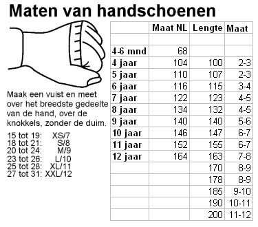 tabel maten arroxx handschoenen